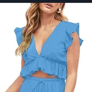 NWT Blue Ruffle V-Neck Top